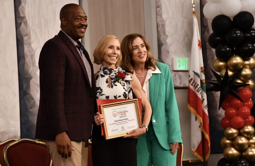 Mrs. Franz at the award ceremony with L.A. County Superintendent Dr. Debra Duardo and L.A. County Board of Education President Dr. Stanley Johnson